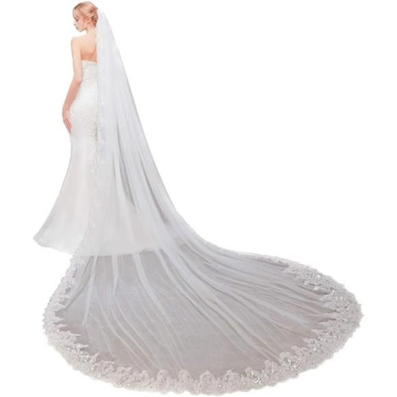 Women\'s Long Cathedral Sequin Lace Wedding Bridal Veil With Metal Comb main image 6